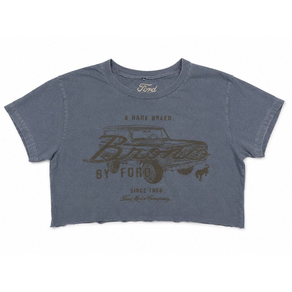 Ford Bronco A Rare Breed Graphic Crop T Shirt Blue Gray Cotton Raw Hem